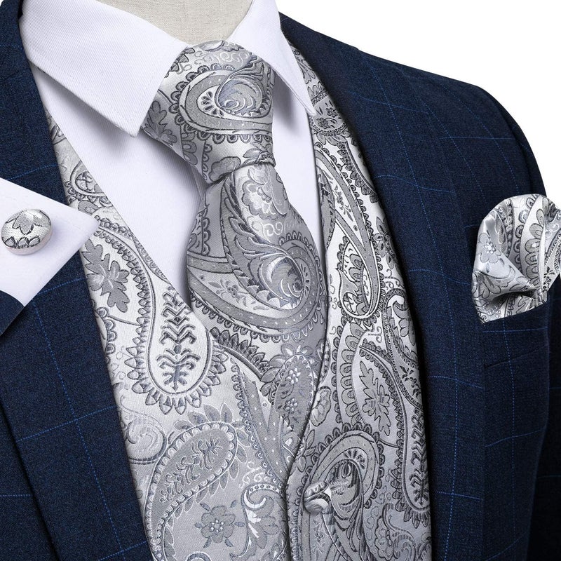 DiBanGu Mens Vest and Tie Set Formal Paisley Waistcoat and Necktie Pocket Square Cufflinks Silk Suit Vest for Tuxedo Wedding, Silver Grey, Large - Image 3